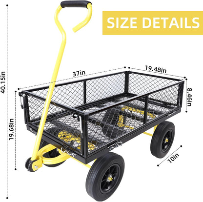Heavy Duty 480 Lbs Capacity Mesh Steel Garden Cart Folding Utility Wagon with Removable Sides (Black+Yellow)