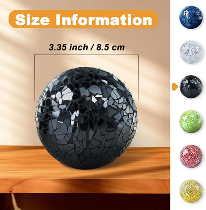 Decorative Balls for Centerpiece Bowls Black Mosaic Glass Orbs Sphere Crack Ball Mirror Globe Sparkle Coffee Table Decor Vase Filler Home Christmas 3 Pcs 3.35 Inch