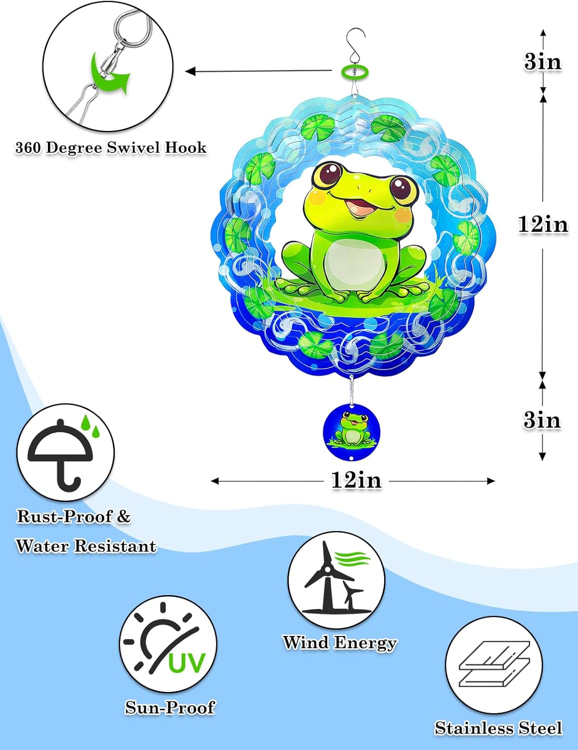 Frog Wind Spinner-3D Metal Hanging Wind Spinners, Perfect Ornament Gifts for Women/Men, 12 Inch Spinfinity Wind Spinner for Outdoor & Indoor Decorations, Yard Art, Garden Decoration