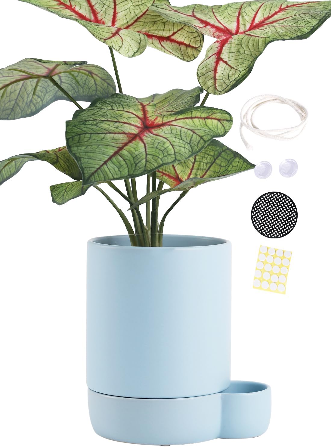 5.5 Inch Ceramic Self Watering Planters with Absorbent Cotton Rope, Cylinder Round Flower Pot for Succulent, Herbs, African Violets, Blue, 1 Pack