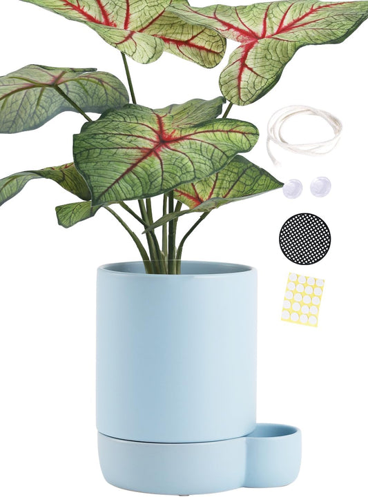 5.5 Inch Ceramic Self Watering Planters with Absorbent Cotton Rope, Cylinder Round Flower Pot for Succulent, Herbs, African Violets, Blue, 1 Pack
