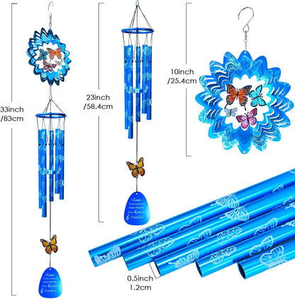 33inch Butterfly Wind Chimes Outdoor | Deep Tone Sympathy Memorial Wind Chime with 3D Spinner, Hanging Garden Decor, Butterfly Gift for Women/Mom/Grandma