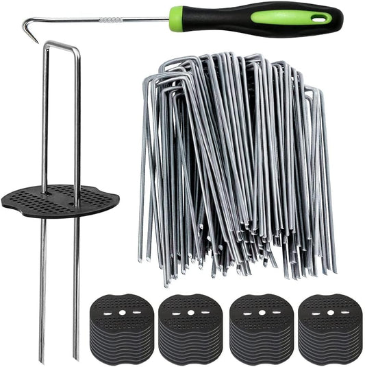 Bakulyor 200Pcs Landscape Staples + 200Pcs Gasket, 6 Inch Garden Stakes Staples 11 Gauge U Shaped Galvanized Lawn Landscape Pins, Heavy Duty Yard Ground Pin for Weed Barrier Sod Fabric Decorations