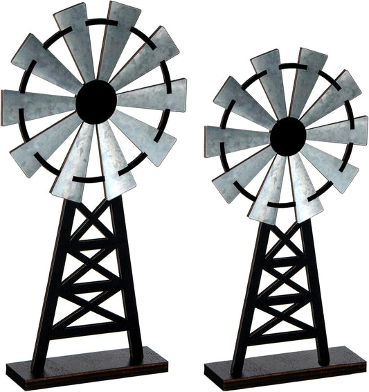 Set of 2 Wooden Farmhouse Windmill Table Top Decor Wood Small Distressed Black Grey Rustic Windmill Themed Table Decor for Kitchen Garden Home