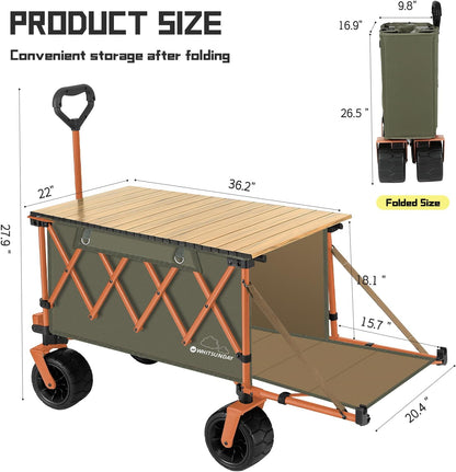 Whitsunday Collapsible Folding Wagon with Table, Heavy Duty Utility Beach Wagons with Opened Tailgate and All-Terrain Wheels for Camping,Garden,Sports (Max Orange)