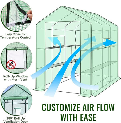 Greengro Greenhouse, 57 x 85 x 76'' Greenhouses for Outdoors, Portable Greenhouse Kit with Mesh Side Windows, PE Cover, 8 Shelves, Heavy Duty Walk in Green House for Backyard Garden Indoor Outside