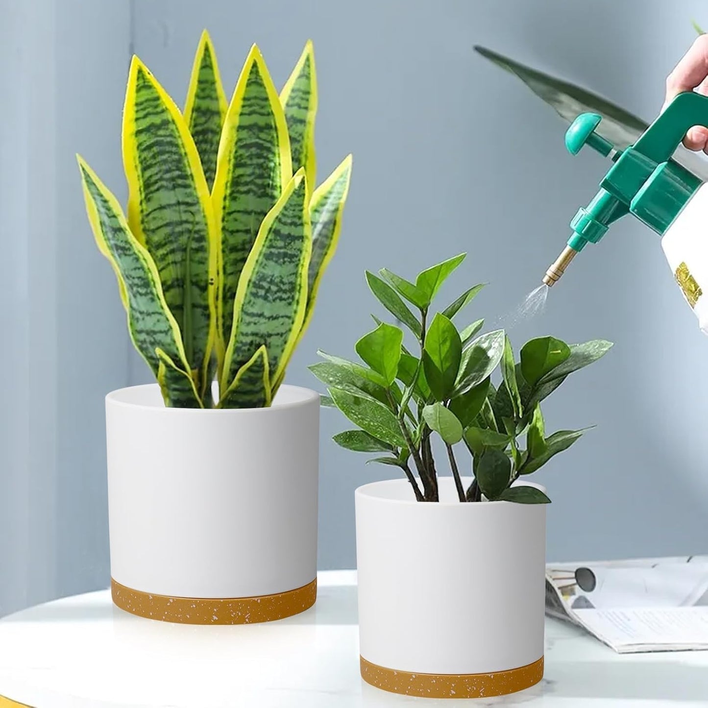 10/8/6 inch Deep Plant Pots, 3 Pack Cylindrical Large Flower Pots for Outdoor Indoor Plants, Tall Plastic Planters with Drainage Holes and Saucers for Garden House Plants, White with Brown