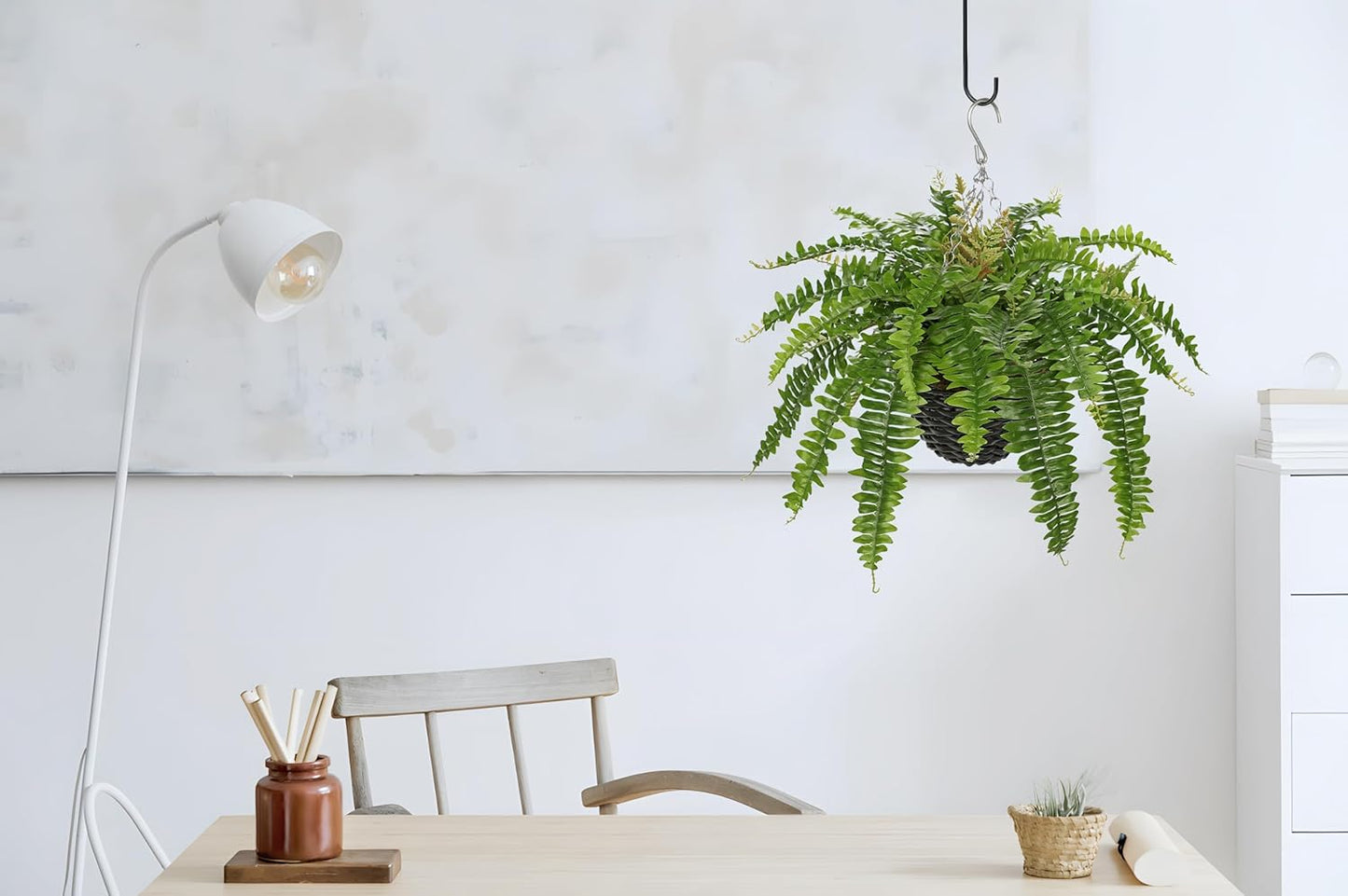Hollyone 21" Artificial Boston Fern Hanging Basket 31 Leaves Fake Ferns in Rattan Pot Medium Greenery Plants for Outdoors & Indoor Faux Fern Bush Basket Plant Patio Garden Home Decor Green