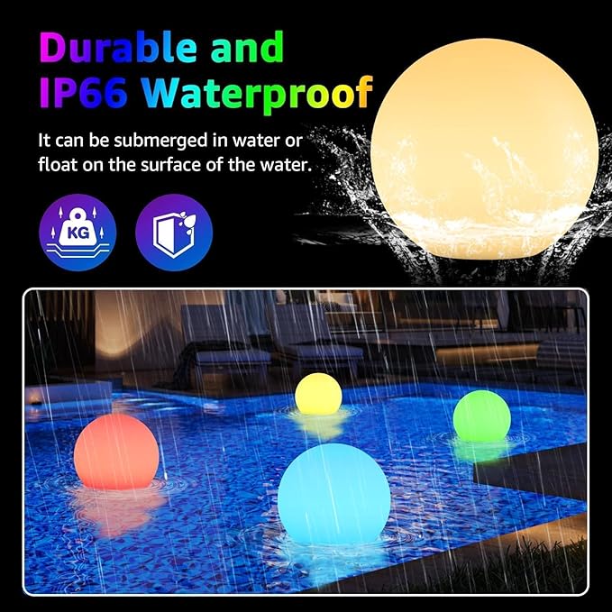 FUYO LED Ball Light, 12-inch Solar Light Up Pool Balls, Rechargeable & Remote Control Globe Lights 16 RGB Colors Mood Night Light, IP66 Water-Resistant Floating Light for Pool, Party, Pond - 1pcs