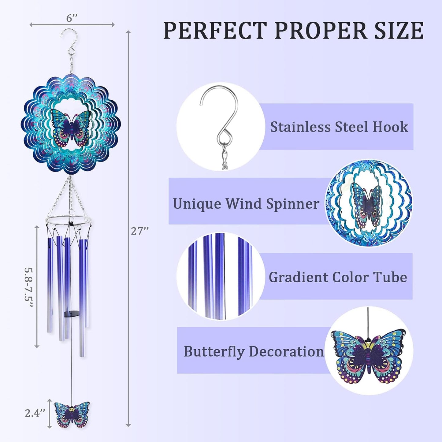 Wind Chimes for Outside with Butterfly Wind Spinner, Unique Christmas Birthday Gifts for Women Mom Friends Sisters Teacher, Windchimes Outdoor Decor Patio Garden Yard Butterflies Decorations