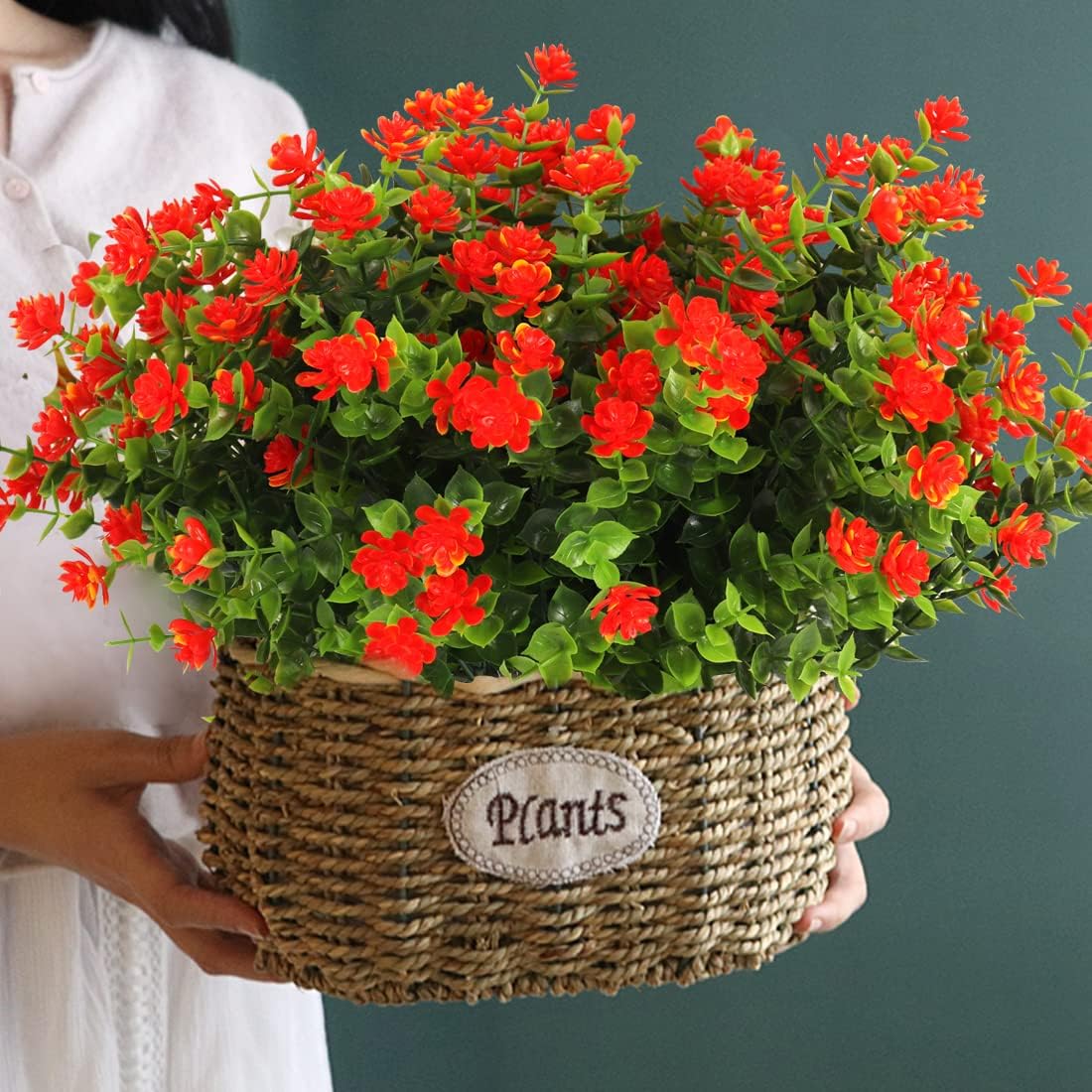RECUTMS 12 Bundles Artificial Fake Flowers, Faux Outdoor Plastic Plants UV Resistant Shrubs Outside Indoor Decorations,UV Resistant Faux Plastic Plants Garden Porch Window Box (Orange Red)