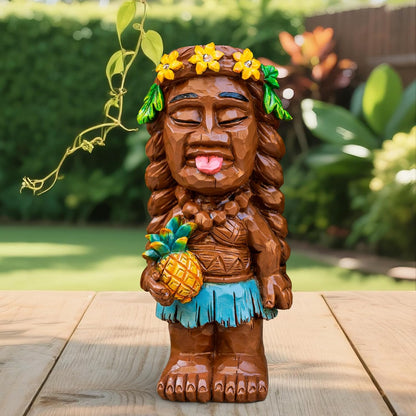 Solar Tiki Girl Garden Statues Tiki Lady Holding Pineapple Figurine with Flower LED Lights Bar Patio Porch Yard Outdoor Decorations Christmas Thanksgiving Birthday Gardening Gift for Mom Women