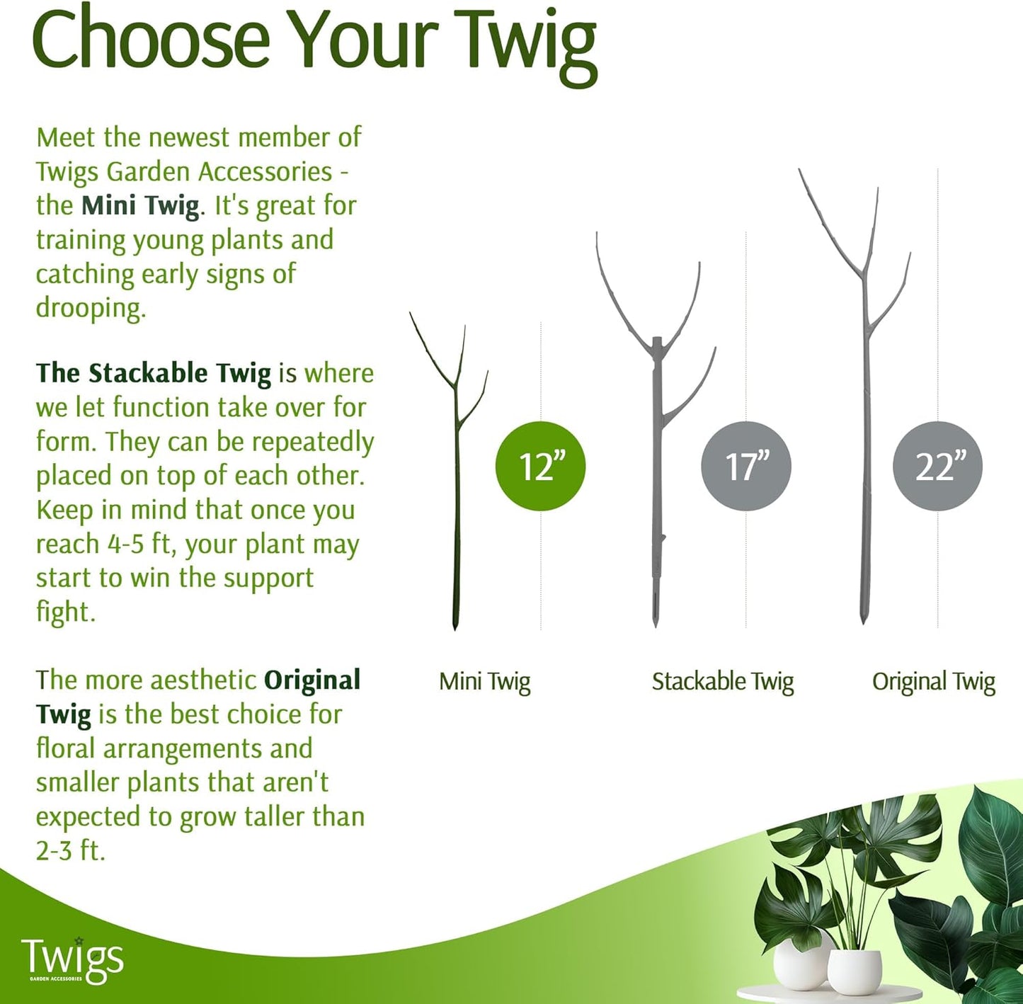 Twigs - Monstera Plant Support Stakes for Indoor & Outdoor Plants, Gardening Supplies, Garden Accessories, Trellis, Moss Pole, & Ring Alternative - Monstera (Dark Green), 10 Pack, 12" L, Mini Twigs