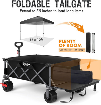 Portal 26" Extra Wide 55" Long Foldable Wagon with Tailgate, Large 600L Collapsible Wagon with Cargo Net, 500 LBs Heavy Duty Utility Cart with Big All-Terrain Wheels for Beach, Camping, Sports, Dogs