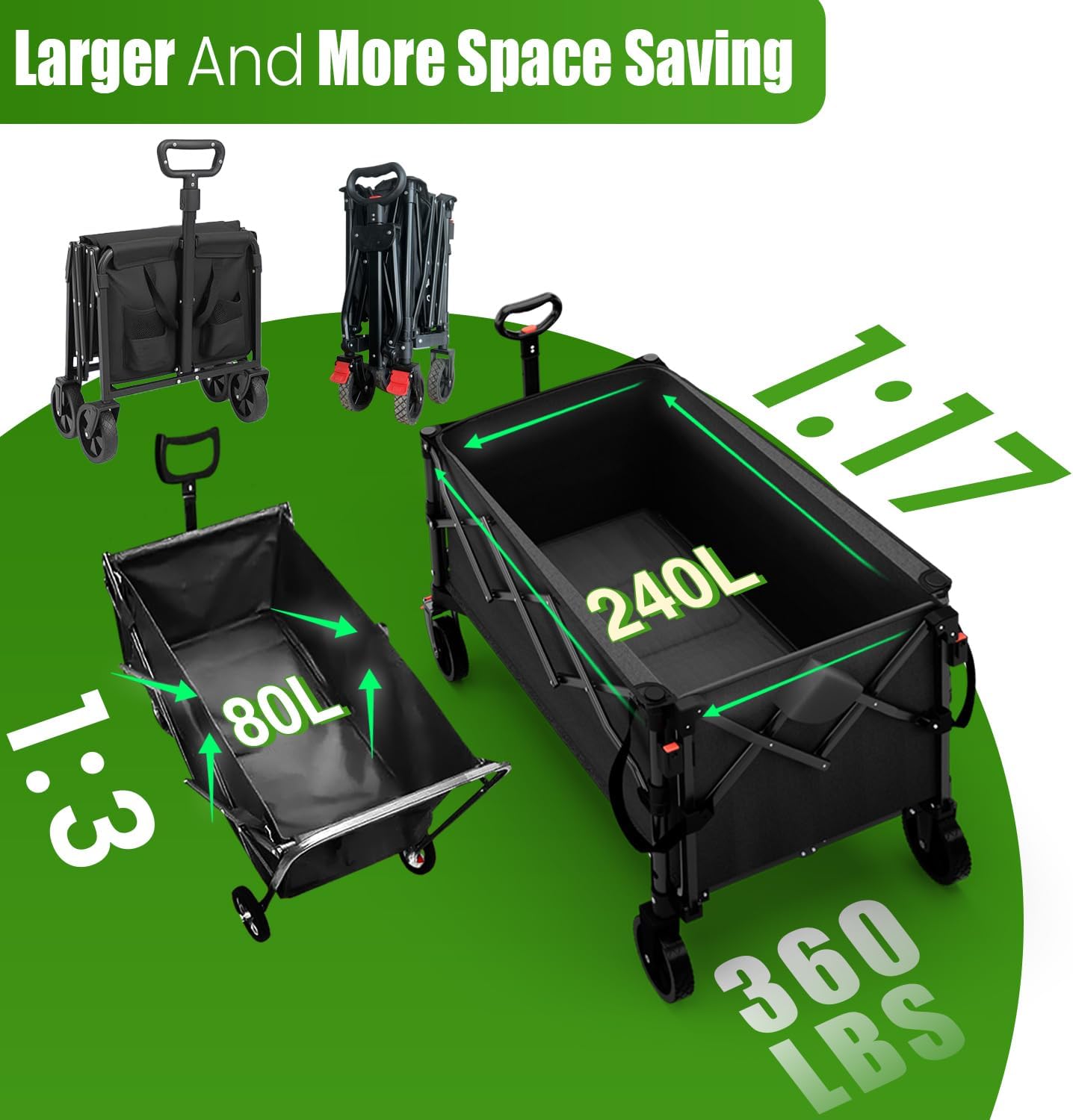 Extra Large Foldable Wagons Extended Clearance, 250L Collapsible Wagon with Tailgate, 49”L Folding Wagons with Brakes, Grocery Wagon, Utility Cart for Sports, Shopping, and Camping, Black