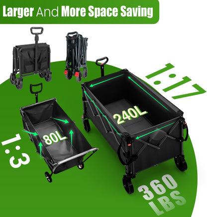Extra Large Foldable Wagons Extended Clearance, 250L Collapsible Wagon with Tailgate, 49”L Folding Wagons with Brakes, Grocery Wagon, Utility Cart for Sports, Shopping, and Camping, Black