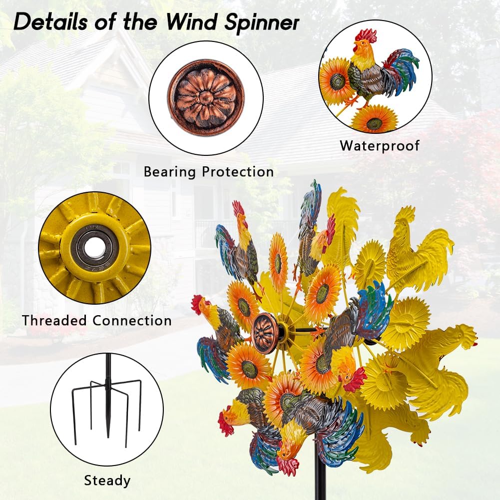 DREAMYSOUL Metal Sunflower and Rooster Fall Wind Spinners, Fall Decorations Outdoor, Kinetic Wind Spinners for Farmhouse Garden Lawn Yard Decor, Harvest Thanksgiving Gifts