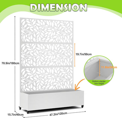 15.7"×70.9"×47.2" Metal Raised Garden Bed with Trellis and Wheels - Tall Trellis Planter Box for Climbing Plants, Vegetables & Vines - Outdoor Privacy Planters for Patio (White)