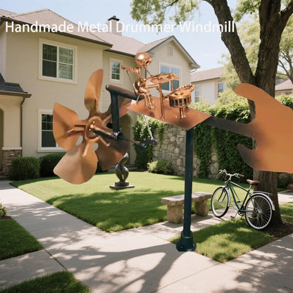 Garden Handmade Metal Rock Band Drummer Guitar Windmill, Kinetic Art Metal Sculpture Wind Spinners, Percussionist Music Rockin Art Figurine, Windmills for Yard Lawn Patio Outdoor Decor (Drummer)