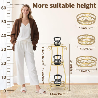 LASZOLA 3 Tier Gold Metal Plant Stand for Multiple Large Planters Indoor Outdoor Organizer, Heavy Duty Tall Flower Stand for Corner Patio Bathroom Office, Modern Sturdy Vertical Iron Rack, Cat Proof
