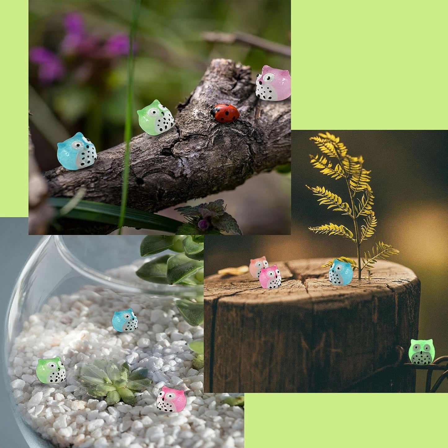 40 Pcs Luminous Mini Resin Owls, Glow in The Dark for Fairy Garden, Garden Miniatures, Plant Décor and Car Accessories