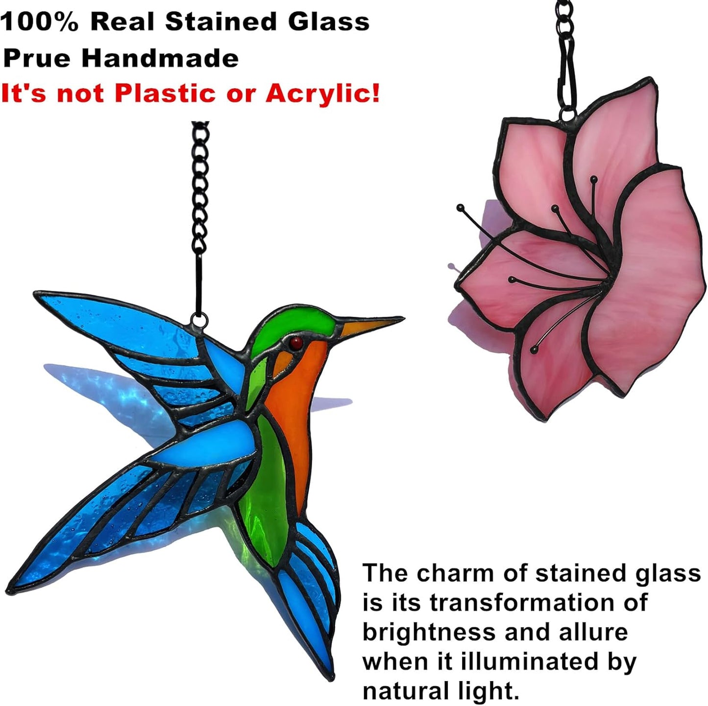 2 Pack Stained Glass Hummingbird with Flower Suncatcher for Window Hanging Ornament, Sun Catchers Indoor Window, Stained Glass Birds with Flower Gifts for Women, Mom, Birds Lovers