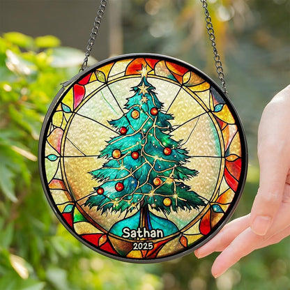 Personalized Stained Glass Christmas Tree Suncatcher, Christmas Handcraft Holiday Ornament with Name and Number, Gift for Family or Friend, Gift for Décor
