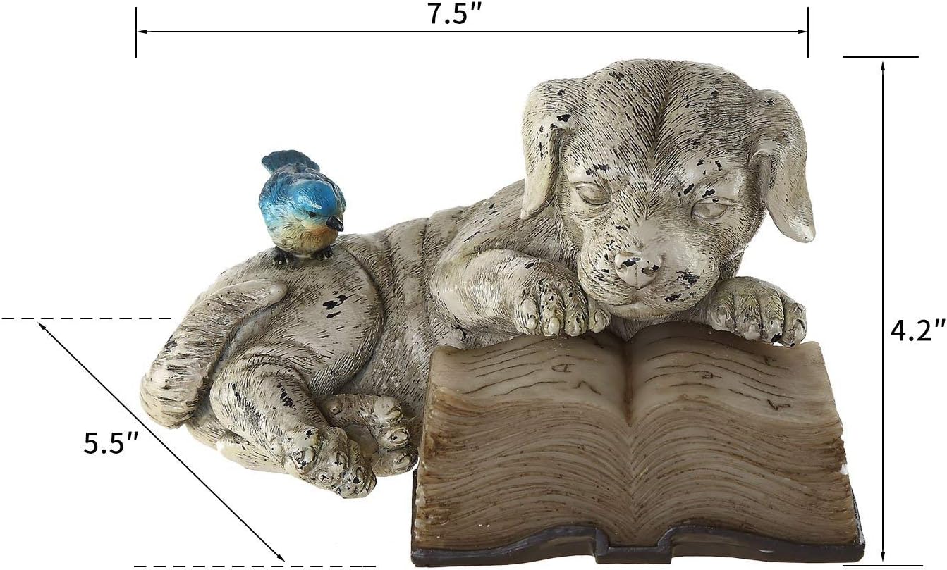 Topadorn Resin Dog Statue Solar Power Outdoor Statuary Cute Puppy for Garden Decoration, Dog Read a Book