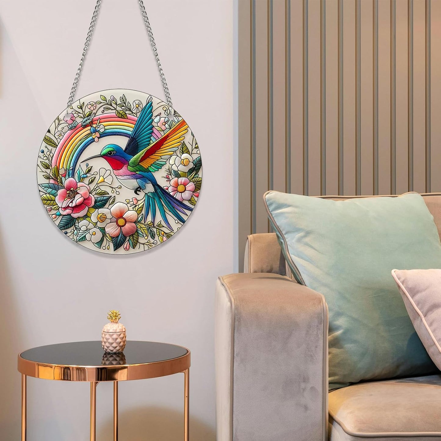 Hummingbird Suncatcher Stained Glass Window Hanging Original Design of Rainbow Hummingbirds Flowers for Sun Catchers Indoor Window Wall Art Home Decor Gift Painted Glass Panel