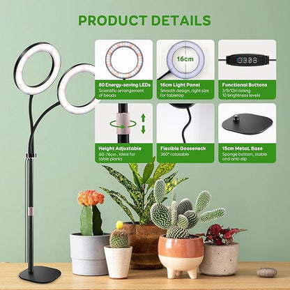 Dual Heads Grow Lights for Indoor Plant Full Spectrum, Desk Halo Plant Lights for Indoor Growing with 3/9/12 Timer, 5 Dimmable Levels,Height Adjustable 9.4-23.6",Strong Metal Base Happy Light