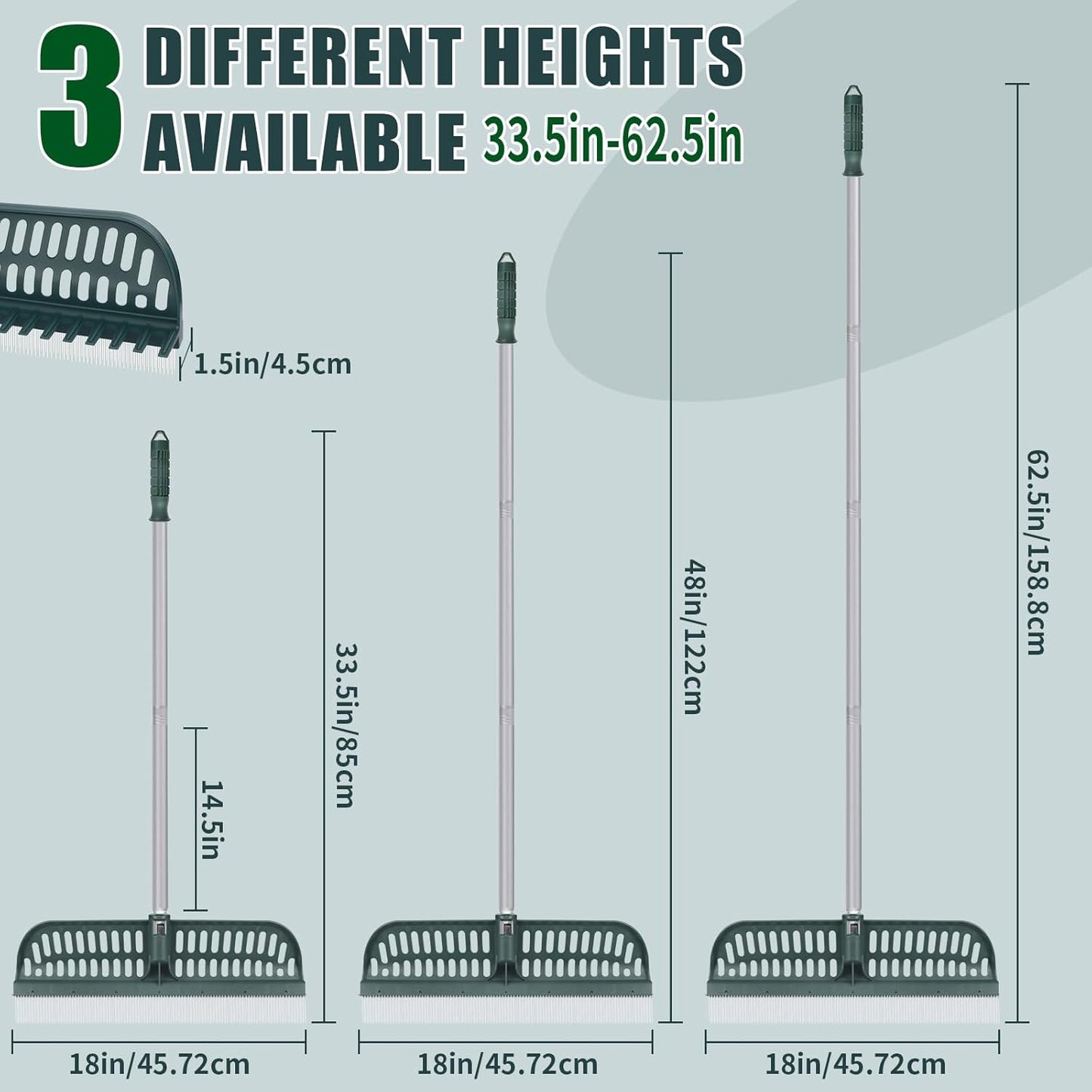 Artificial Turf Rake with 18in Double-Sided Heads, 32-61 Inch Turf Brush Grass Rake for Artificial Grass, Turf Grass Broom for Garden Lawn Artificial Turf Leaves Pet Hairs