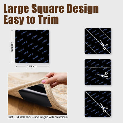 Premium Rug Grippers & Carpet Tape – 16PCS Square Anti-Slip Pads for Area Rugs, 3.9 Inch, Prevent Curling & Sliding, Ideal for Hardwood, Tile, Marble, and Laminate Floors