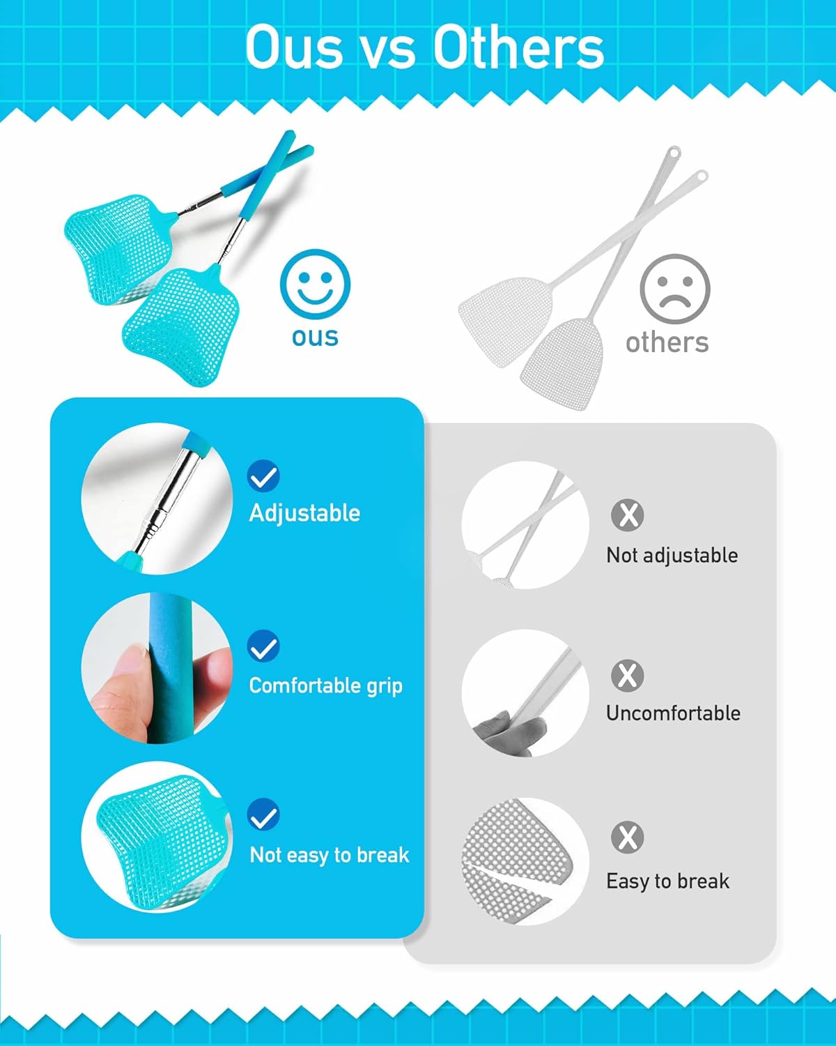 Wapodeai 2 Pack Fly Swatters Heavy Duty Set, Telescopic Fly Swatter, Stainless Steel Handle for Flyswatter (Blue)