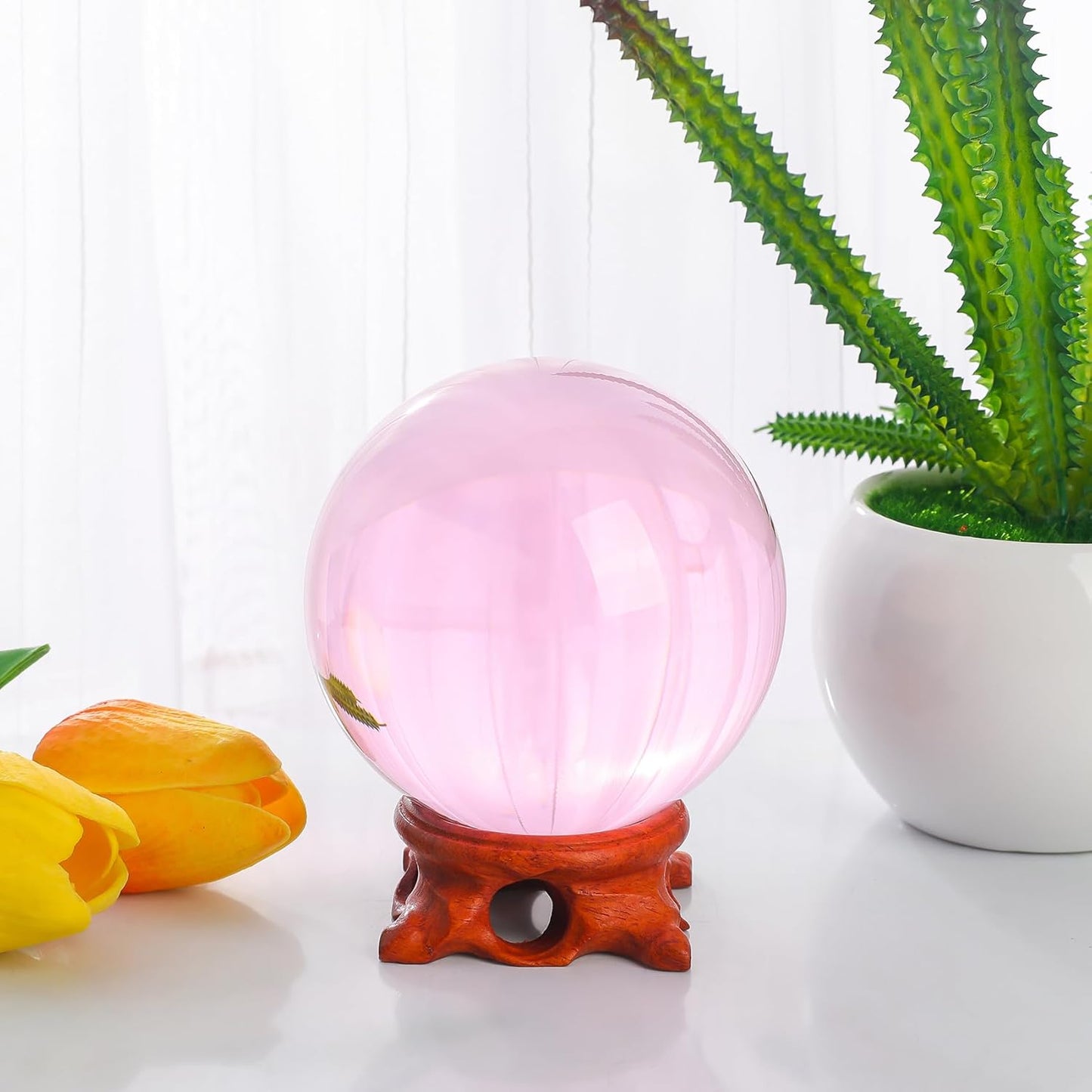 Pink Crystal Ball 100mm/3.9 inch with Rose Wooden Stand and Gift Box for lensball Photography,Fortune Teller,Feng Shui, Witchcraft Decor,Scrying,Magic,Large Quartz Crystal Orb Prop Glass Sphere