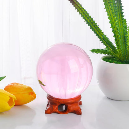 Pink Crystal Ball 100mm/3.9 inch with Rose Wooden Stand and Gift Box for lensball Photography,Fortune Teller,Feng Shui, Witchcraft Decor,Scrying,Magic,Large Quartz Crystal Orb Prop Glass Sphere