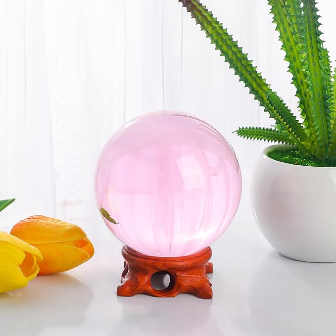 Pink Crystal Ball 80mm/3.1 inch with Rose Wooden Stand and Gift Box for lensball Photography,Fortune Teller,Feng Shui, Witchcraft Decor,Scrying,Magic,Quartz Crystal Orb Prop Decorative Glass Sphere
