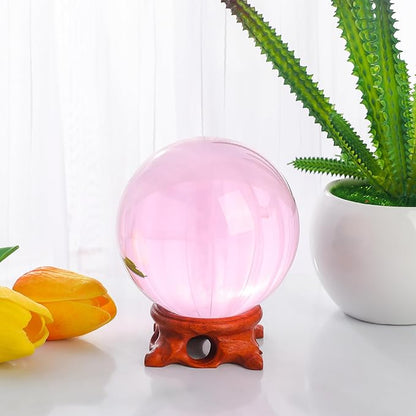 Pink Crystal Ball 80mm/3.1 inch with Rose Wooden Stand and Gift Box for lensball Photography,Fortune Teller,Feng Shui, Witchcraft Decor,Scrying,Magic,Quartz Crystal Orb Prop Decorative Glass Sphere