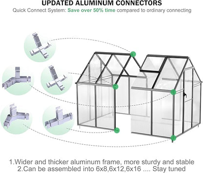 Polycarbonate Greenhouse, 8.2x6.2 FT Easy Assembly Aluminum Heavy Duty Greenhouses for Outdoors w/ Window, Swing Door, Walk-in Green House for Sunroom,Outside, Backyard, Garden, Black
