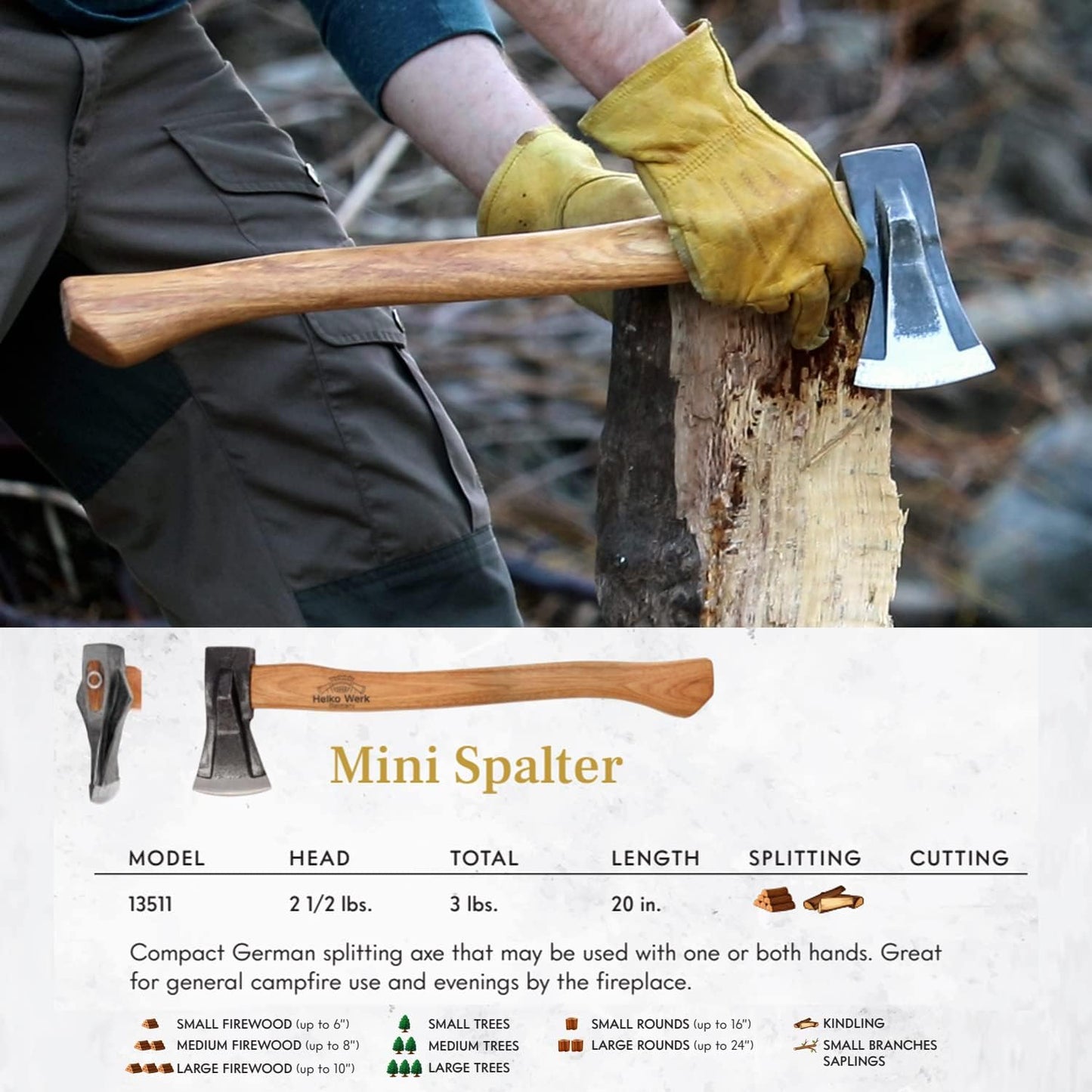 1844 Helko Werk Germany Traditional Mini Spalter - Made in Germany Compact Splitting Axe, Small Wood Splitting Hatchet - Head 2-1/2 lbs, Handle 20 in. (Mini Spalter) #13511