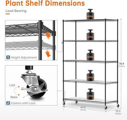 Bstrip Plant Shelf with Grow Lights, 5 Tier Large Tall Plant Stand with 3FT T5 144w Grow Light for Indoor Plants, 3 Mode Full Spectrum LED Plant Light with wheel and Timer for Seedling, 47.2x17.8x71IN