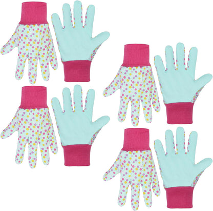 HANDLANDY 4 Pairs Kids Gardening Gloves, Girls Boys Children Garden Work Play Gloves (Pink Dot, Medium)