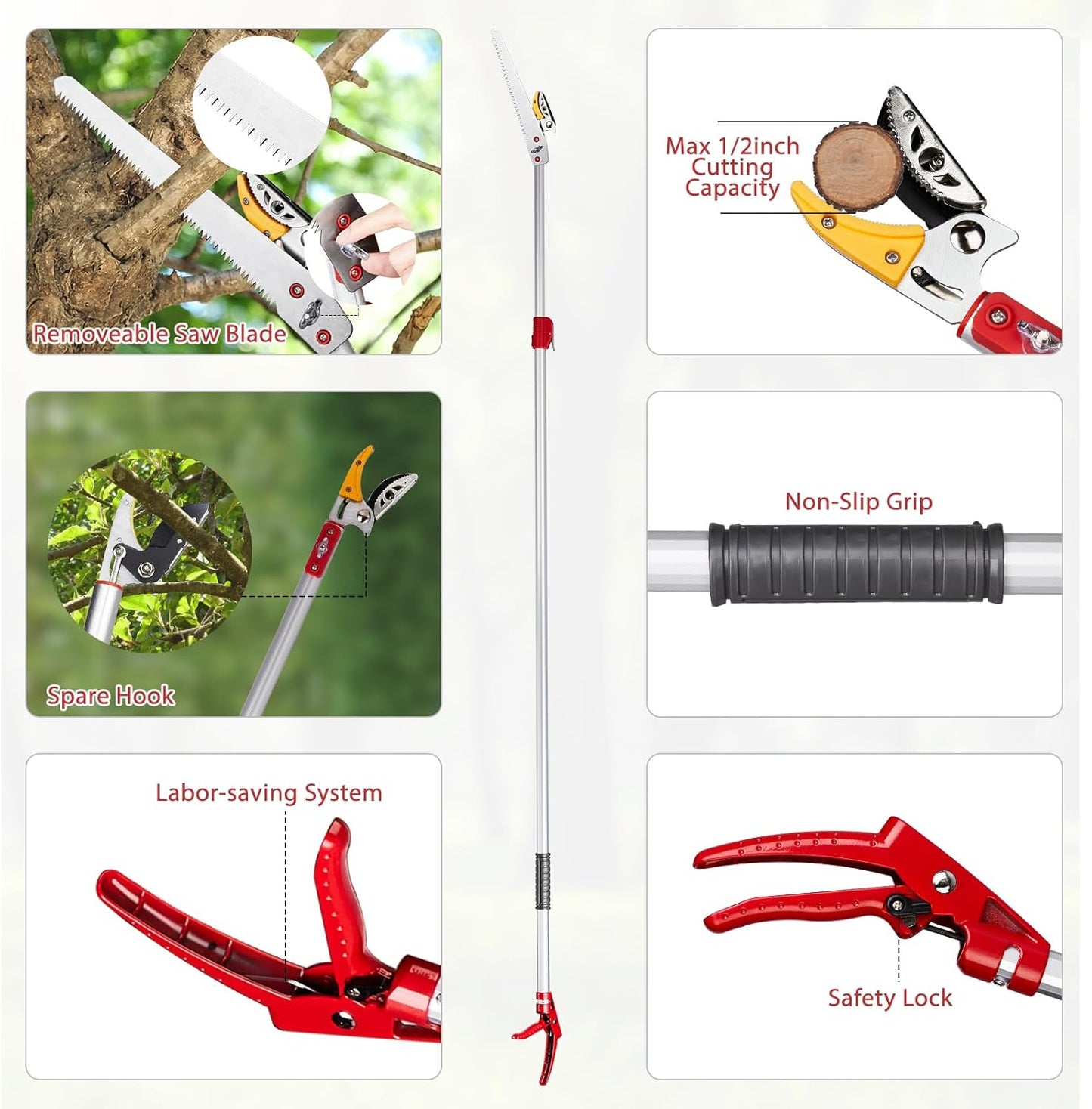 Outvita 4.4-7.2FT Extendable Tree Pruner, Lightweight Tree Trimmers, Cut and Hold Pruning Trimmer Long Reach Pole Saw, Telescoping Fruit Picker, Branches Bypass Lopper, Long Handle Pruner, Silver