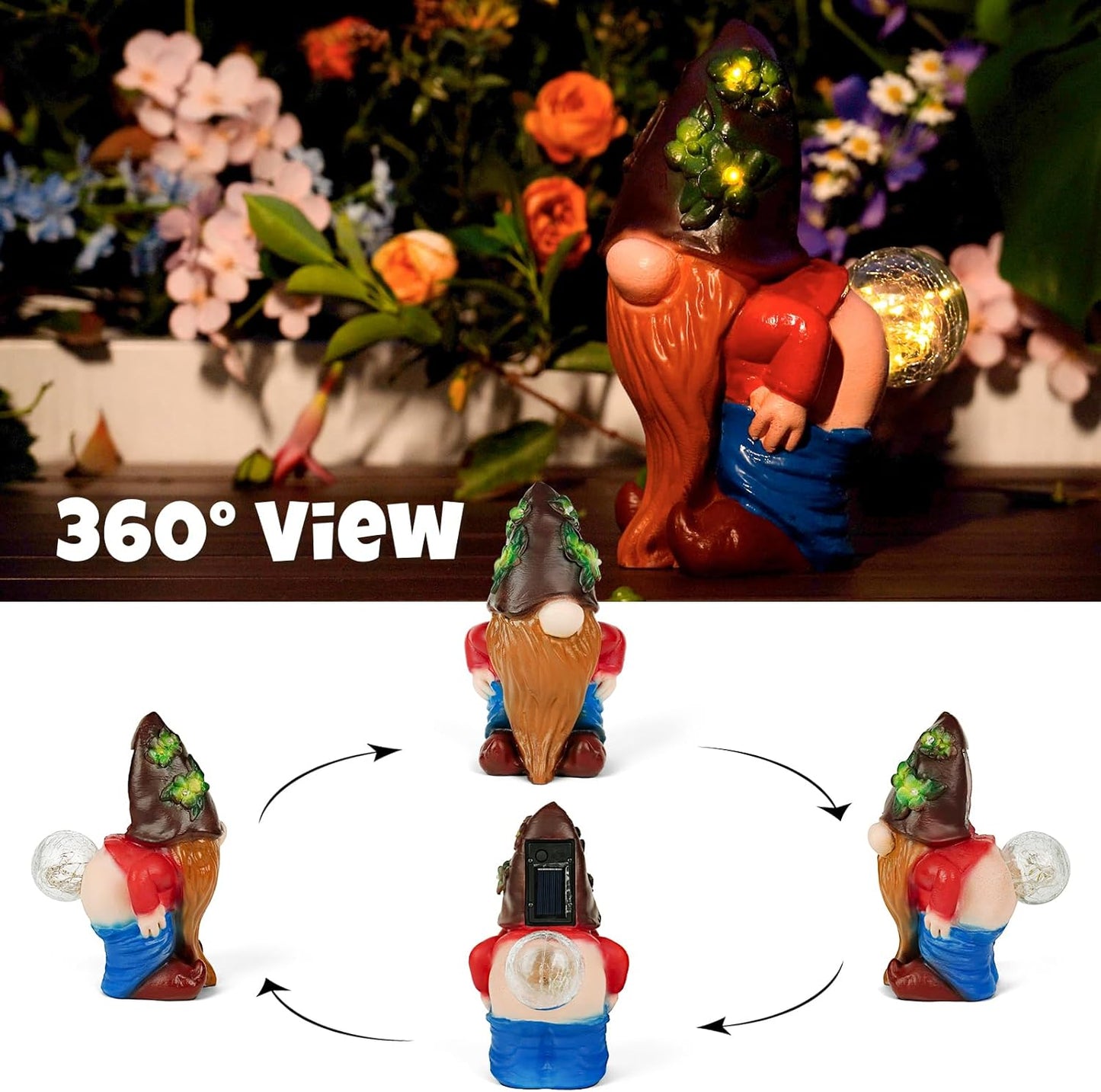 Solar Garden Statues Lights, 8.5" Cute Outdoor Gnome Figurine with Auto On/Off for Yard Patio Decor, Gifts for Women, Grandma, Mom, Housewarming (Farting Gnome Statue)