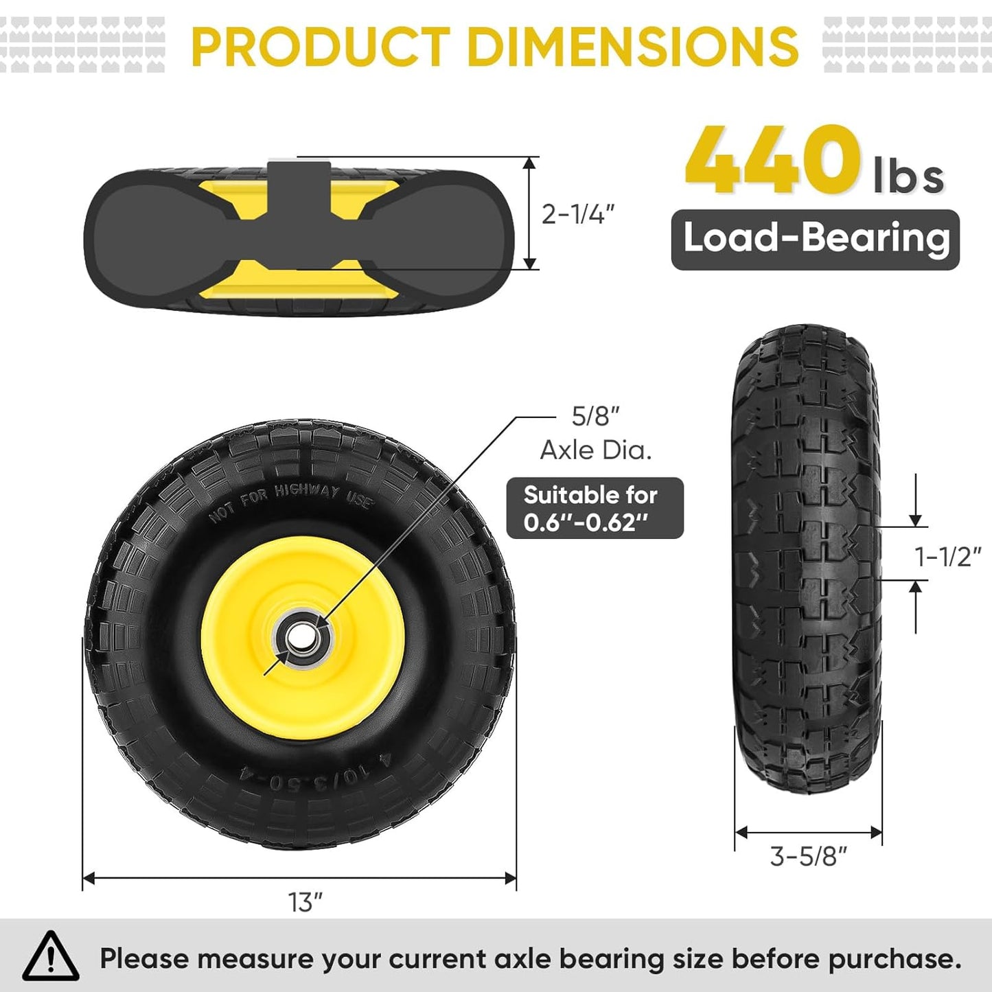 TICONN 4.00-6 Tire and Wheel Flat Free, 4 Pack 13" Solid Tires with 5/8" Axle Bore Hole and Double Sealed Bearings, Perfect for Wheelbarrow, Garden Cart, Wagon, Dolly (Yellow, 4PK)