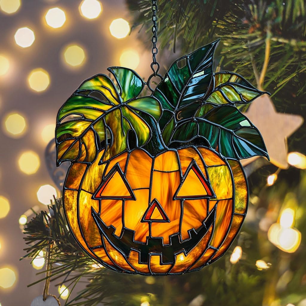 Monstera Jack-o'-Lantern Acrylic Suncatcher Stained Glass Effect Window Car Hanging Christmas Ornament Indoor Outdoor Decor Garden Sun Catcher Panel for Monstera Lover for Women Mom Grandma