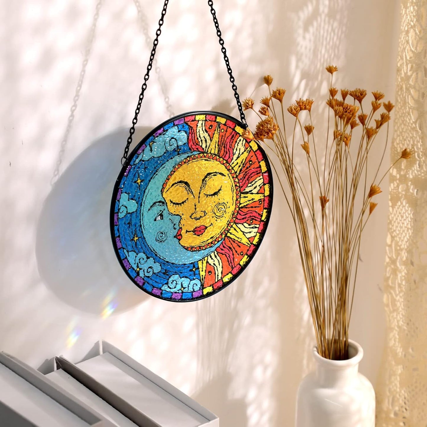 Sun and Moon Decor Stained Glass Boho Suncatcher for Windows Hanging Sun Moon Eclipse Celestial Decor for Garden Living Room Conservatory Witchy Gifts for Women Christmas Thanksgiving Gifts