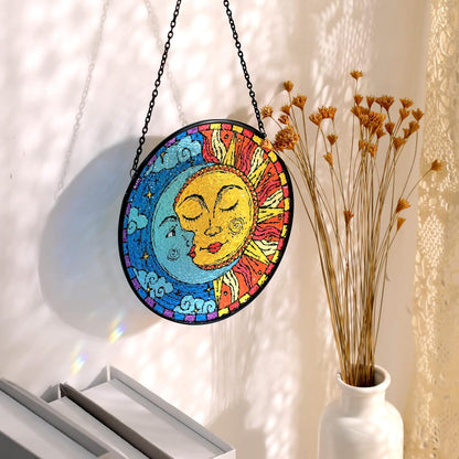 Sun and Moon Decor Stained Glass Boho Suncatcher for Windows Hanging Sun Moon Eclipse Celestial Decor for Garden Living Room Conservatory Witchy Gifts for Women Christmas Thanksgiving Gifts