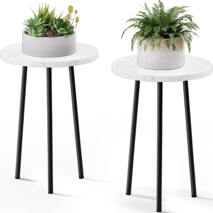 Plant Stand Indoor 2 Pack: Corner Wood 20 Inch Plant Stand Mid Century Modern Decor - Small Round Plant Table for Indoor Plants - Plant Holder for Patio Living Room Bathroom Office (White Marble)