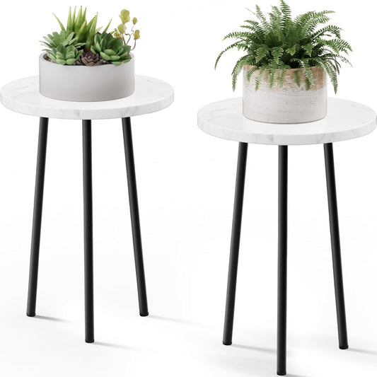 Plant Stand Indoor 2 Pack: Corner Wood 20 Inch Plant Stand Mid Century Modern Decor - Small Round Plant Table for Indoor Plants - Plant Holder for Patio Living Room Bathroom Office (White Marble)