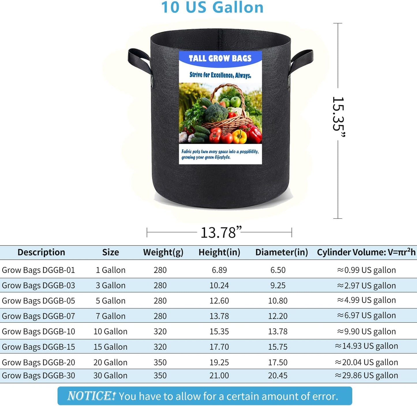 10 US Gallon 6 Pack Tall Grow Bags for Vegetables, Heavy Duty Nonwoven Aeration Fabric Deep Grow Pots with Handles